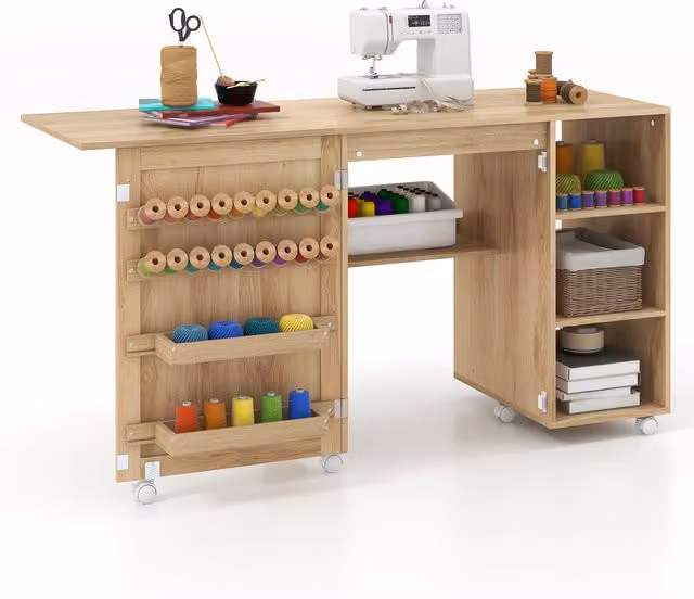 COSTWAY Portable Rolling Sewing Cabinet and Craft Table with Folding Drop Leaf in Natural Brown