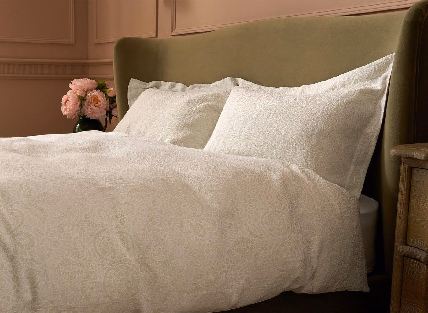 Feather & Black Elodie Natural Duvet Cover in Beige and White Floral Jacquard Half-Linen Cotton