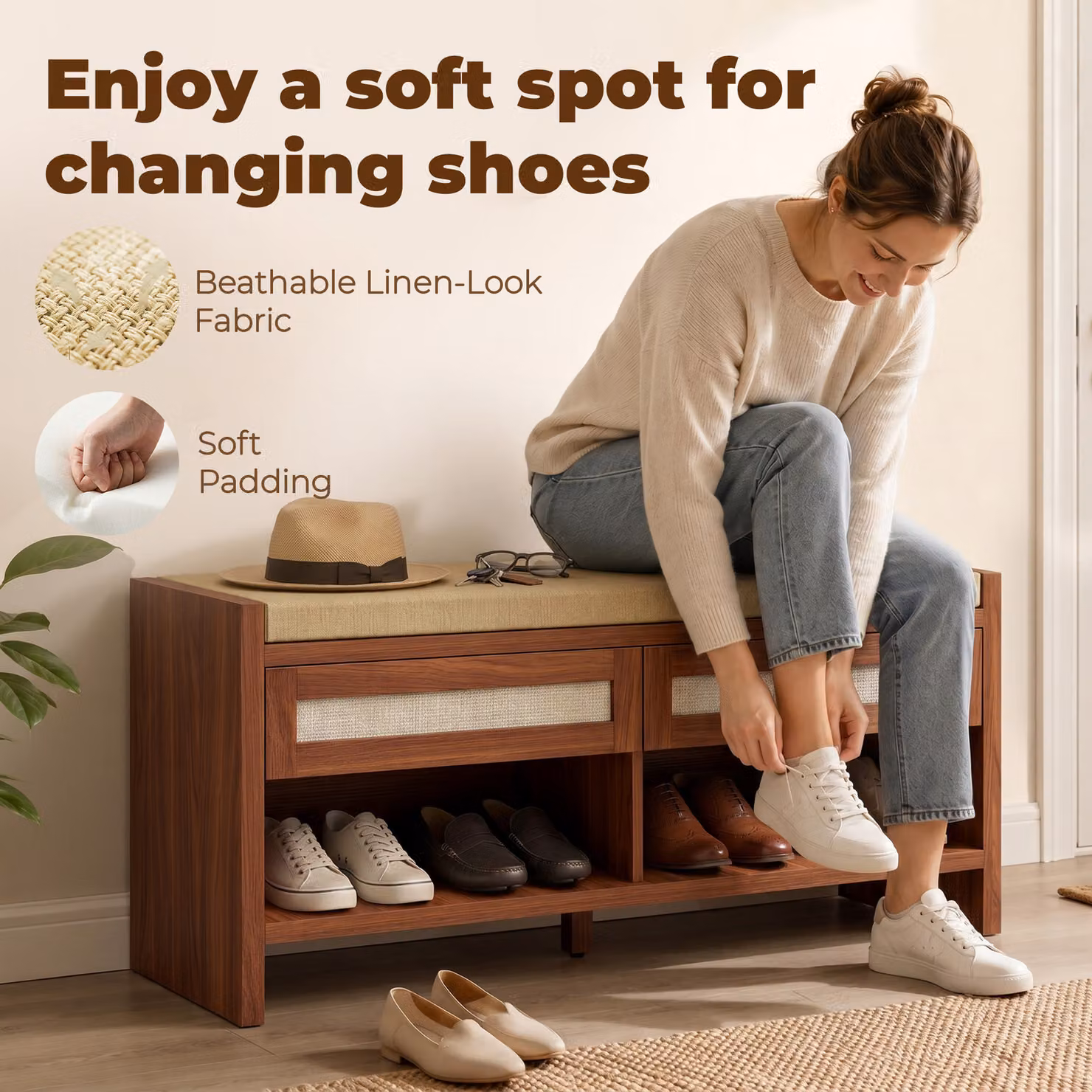 HOMCOM Boho Shoe Storage Bench with 2 Rattan Drawers, Cushioned Seat and Open Shelf, Brown – 5