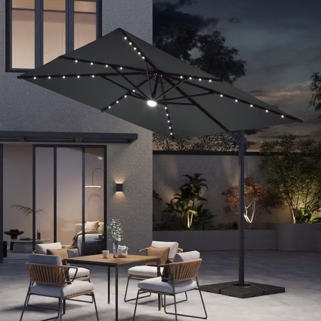 Breeins Cantilever Parasol Set with LED Lights and Rotating Base in Grey