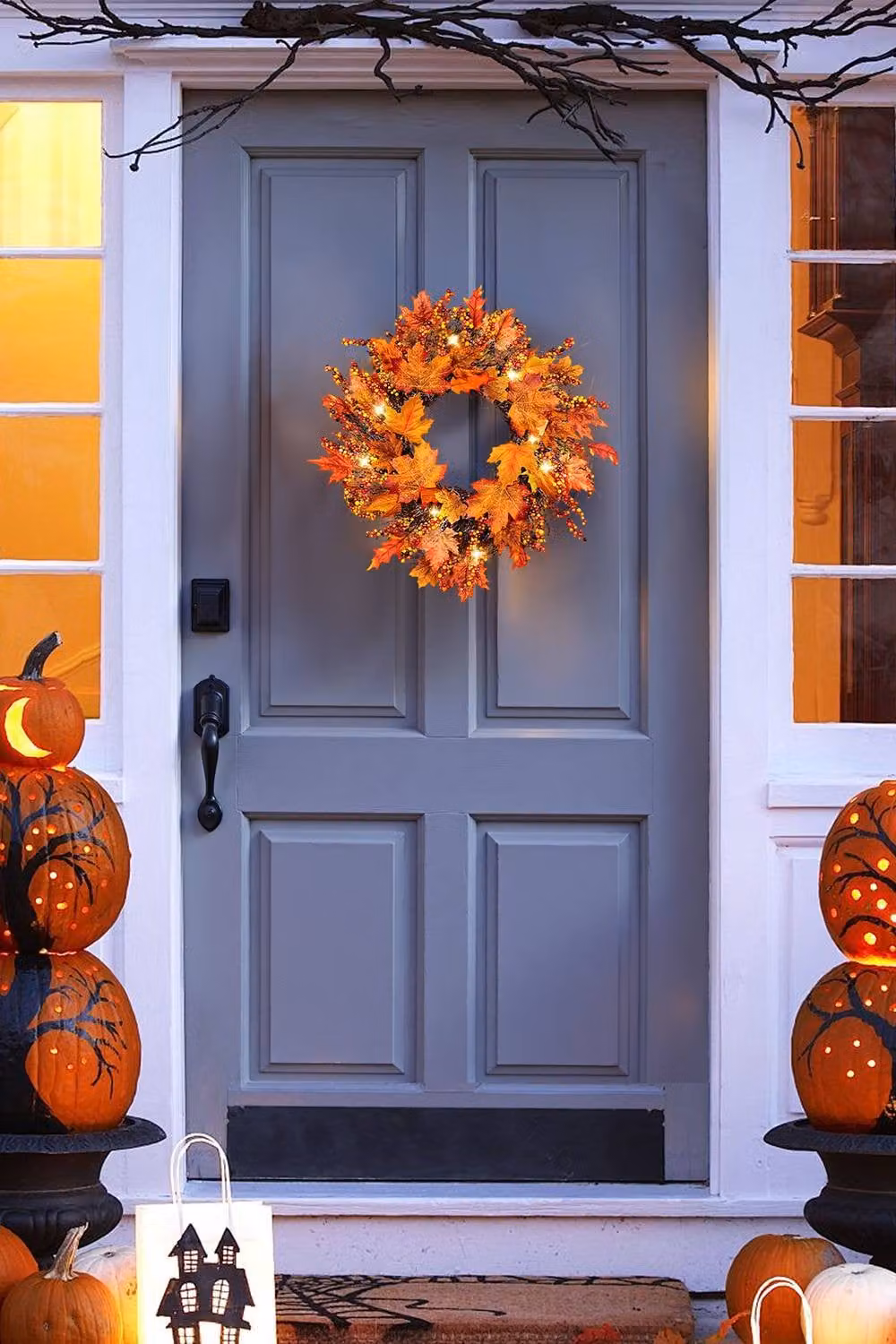 Garden Sanctuary Orange Rattan Maple Leaves and Berries Lighted Autumn Wreath – 2