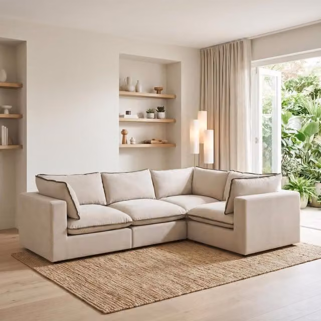 Furniturebox UK Echo Reversible L-Shape 3 Seater Modular Corner Sofa in Beige and Green Fabric