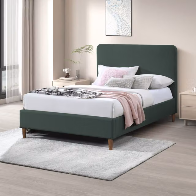 FurnitureboxUK Romy Modern Upholstered King Size Bed Frame in Green Fabric with Walnut Wood Details, W/D/H: 180 x 200 cm