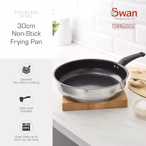 Swan Townhouse 30cm Ceramic Non-Stick Stainless Steel Frying Pan in Silver – 7