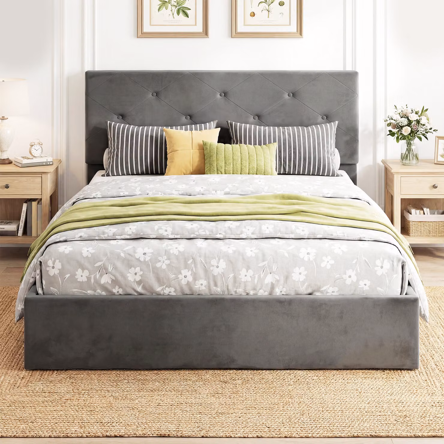 HOMCOM King Size Upholstered Velvet Platform Bed Frame with Gas Lift Storage and Tufted Headboard, Grey, W/D/H: 150 x 200 x 49 cm – 2