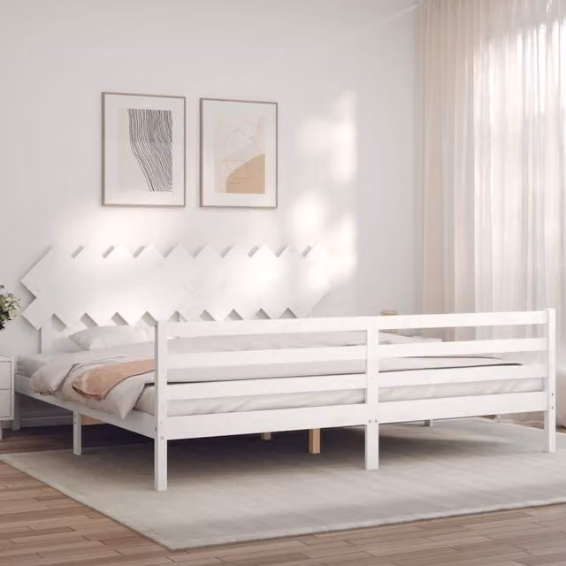 Berkfield Home White Solid Pine Wood Bed Frame with Headboard 200 x 200 cm – 1