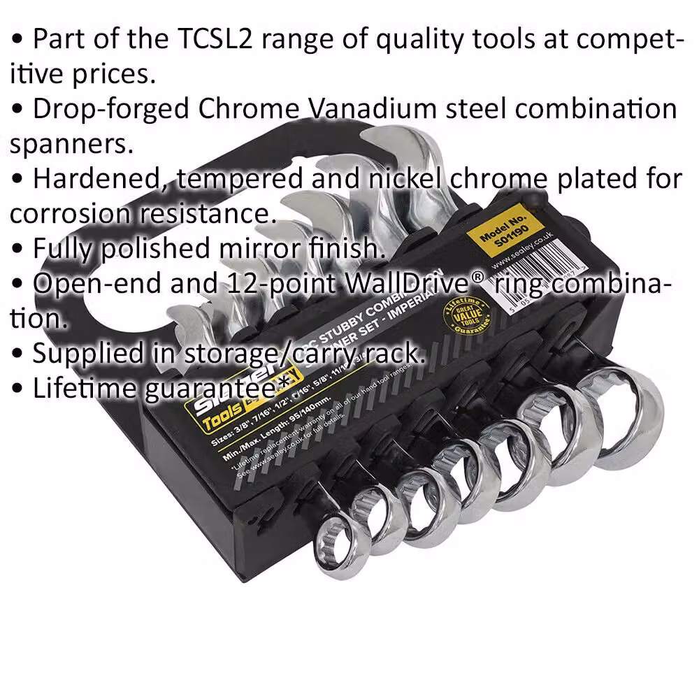 Loops 7pc Stubby Short Handled Combination Spanner Set in Silver Chrome Vanadium Steel with 12 Point Imp Ring Open Head – 2