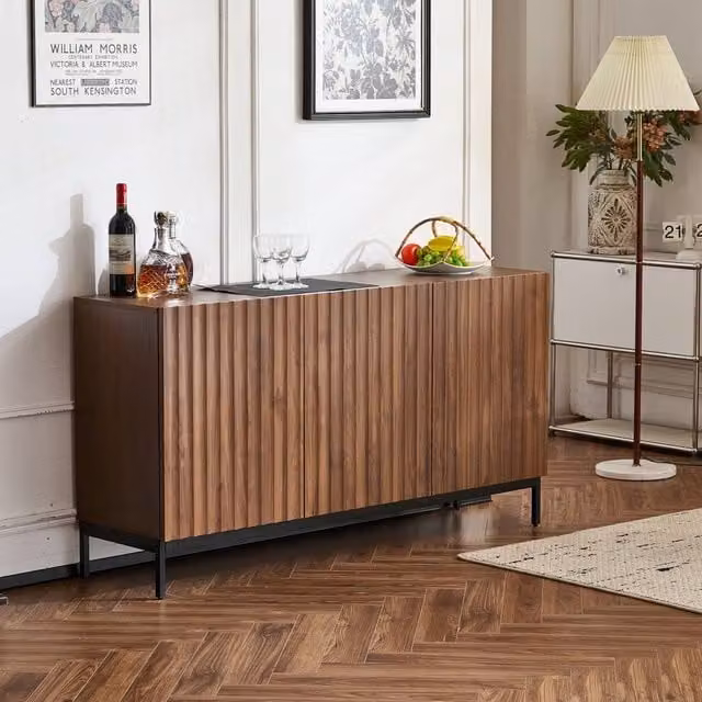 BTM Modern Dark Oak Sideboard in Brown with 3 Doors and Wavy Striped Design