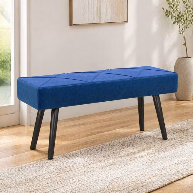 STILVORA Blue Velvet Upholstered Bench with Metal Legs – 1