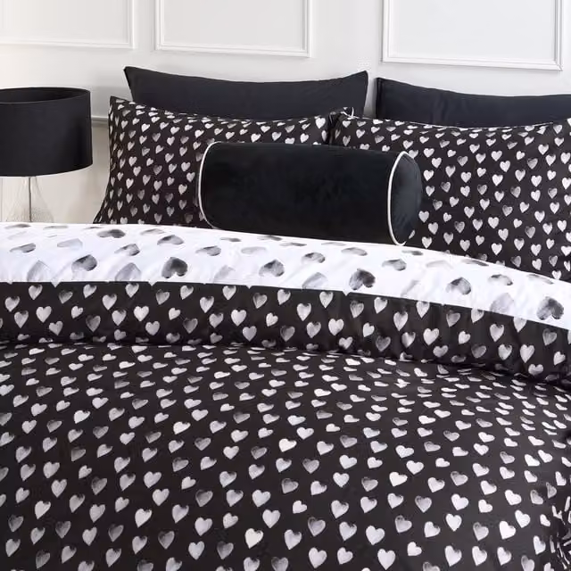 OHS Reversible Watercolour Heart Print Duvet Cover and Pillowcase Set in Monochrome Black and White