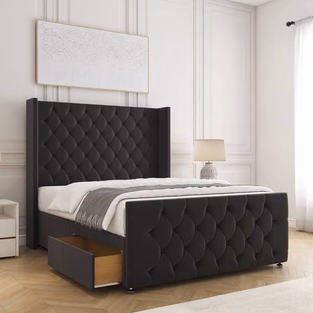 BSSPOKE Florida Plush Velvet Divan Bed with 2 Drawers and 54 inch Headboard, Black, W/D/H: 180 x 200 cm