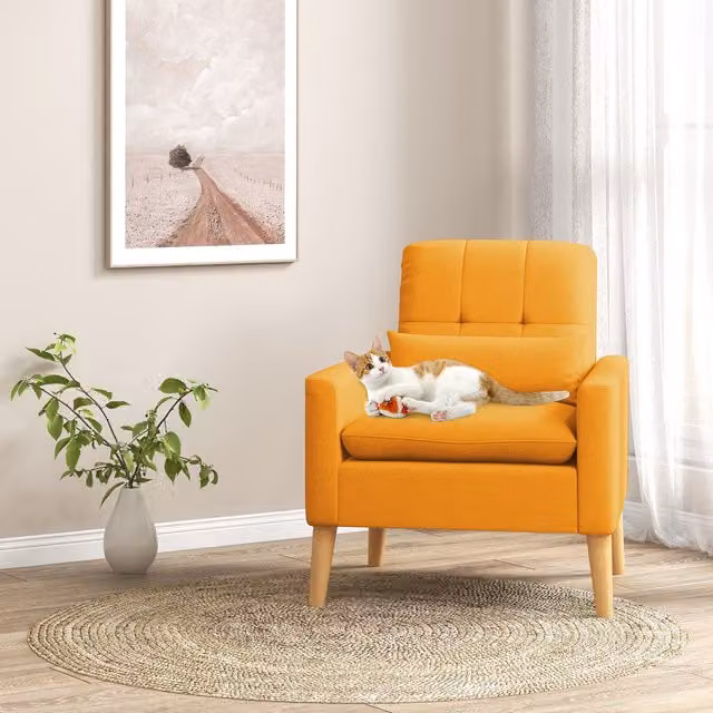 Costway Mid-Century Yellow Fabric Tub Armchair with Armrests and Wood Frame