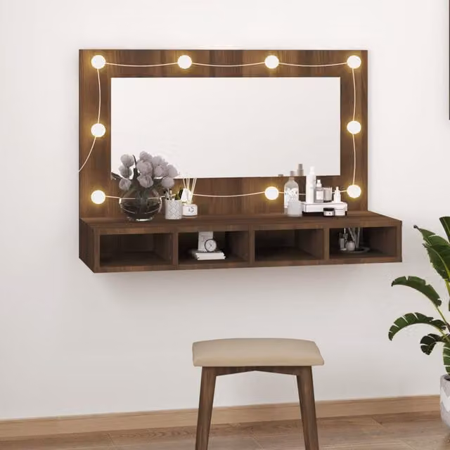 Berkfield Home Modern LED Mirror Cabinet in Brown Oak, W/D/H: 90 x 31.5 x 62 cm – 1