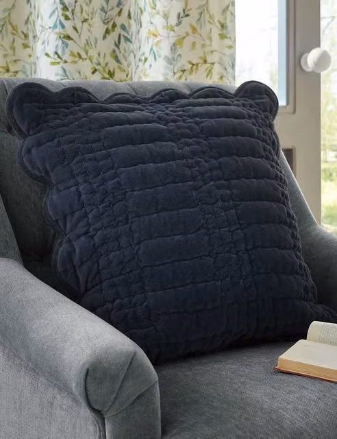 Laura Ashley Navy Blue Velvet Scalloped Square Cushion