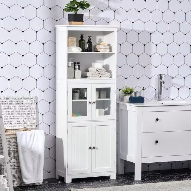 HOMCOM Modern Freestanding Kitchen Cupboard and Tall Pantry Storage Cabinet with Glass Doors in White