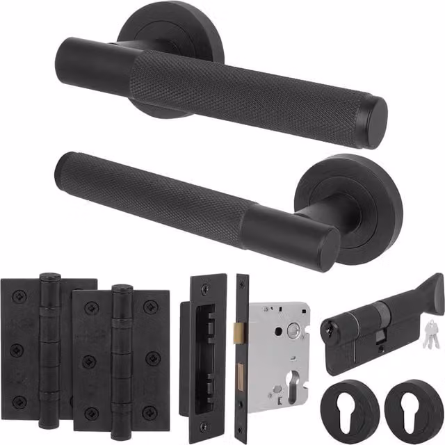 AFIT Matt Black Door Handle Euro Lock Turn Cylinder Set with Hinges, Size: 150 x 150 mm