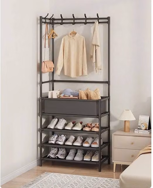 KORVIXA Matt Black Metal Clothes Rail and Hanging Rack with Shoe Storage Basket, W/D/H: 80 x 175 x 40 cm – 1
