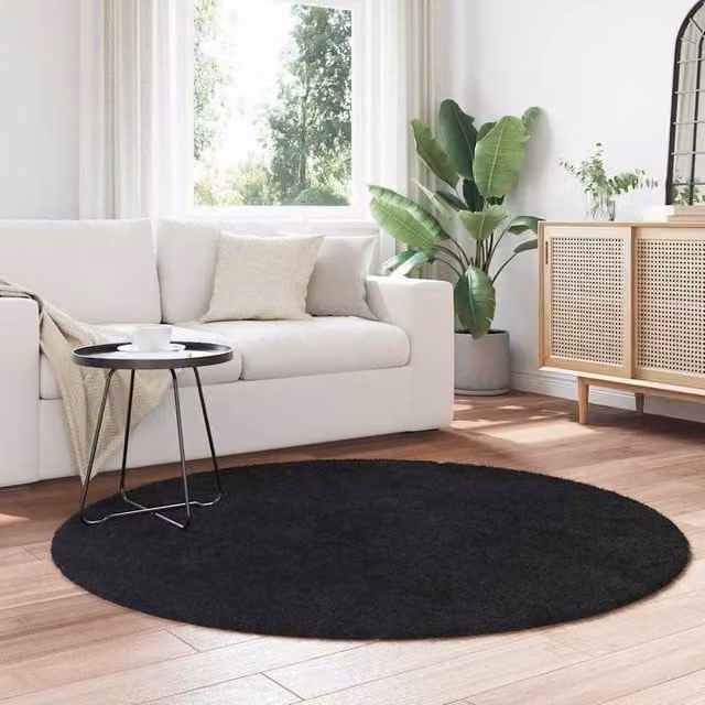 Berkfield Home Navarra Black Shaggy High Pile Round Polyester Rug, Diameter: 160 cm