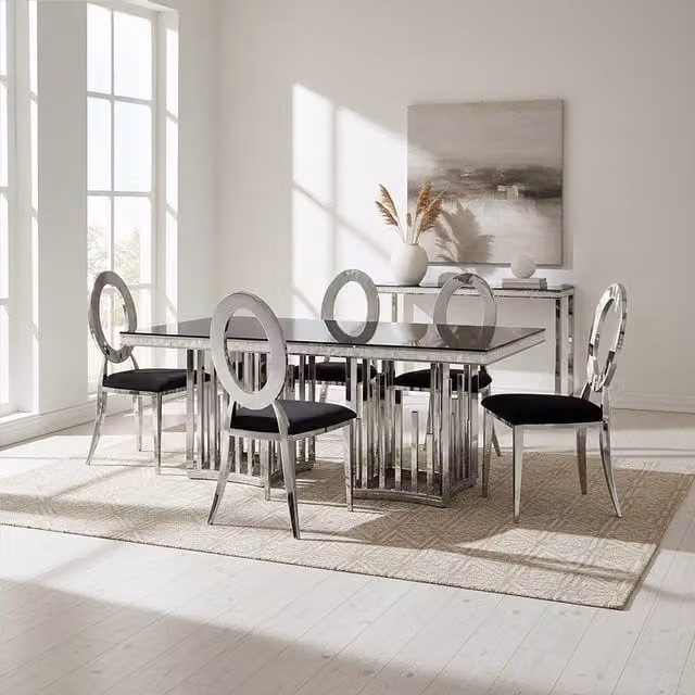 Interiors by Premier Eliza Rectangular Dining Table with Black Glossy Glass Top and Silver Metal Finish
