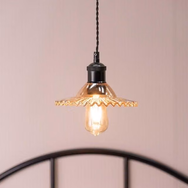 ValueLights Lucrezia Black and Amber Pendant Light with Frilled Glass Lampshade, Shade Width: 21.5 cm – 1