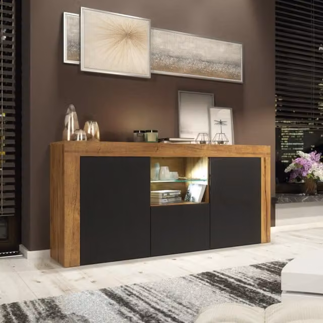 Creative Furniture Aurora Modern Sideboard in Dark Oak and Black Matt, W: 145 cm, H: 70 cm, D: 35 cm