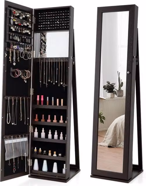 COSTWAY 3-in-1 Modern Freestanding Mirrored Jewellery Armoire in Brown