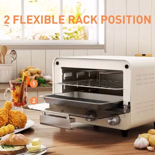 HOMCOM 12L Multifunction Mini Countertop Oven with Grill, Timer and Glass Door, White/Beige – 3