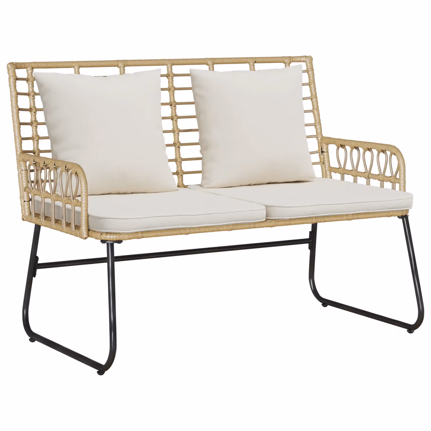 Berkfield Home Brown Poly Rattan Garden Bench with Upholstered Scatter Cushions and Metal Frame – 2