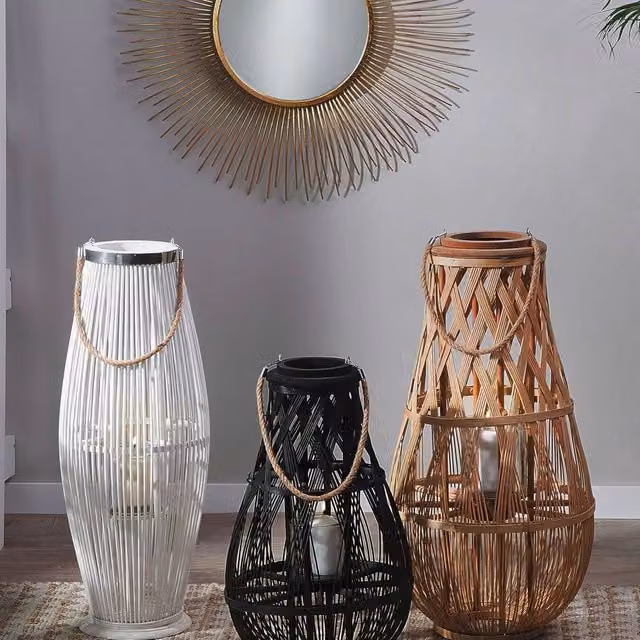 Wyld and Coco Black Bamboo and Glass Scandinavian Lantern, Height: 56 cm – 1