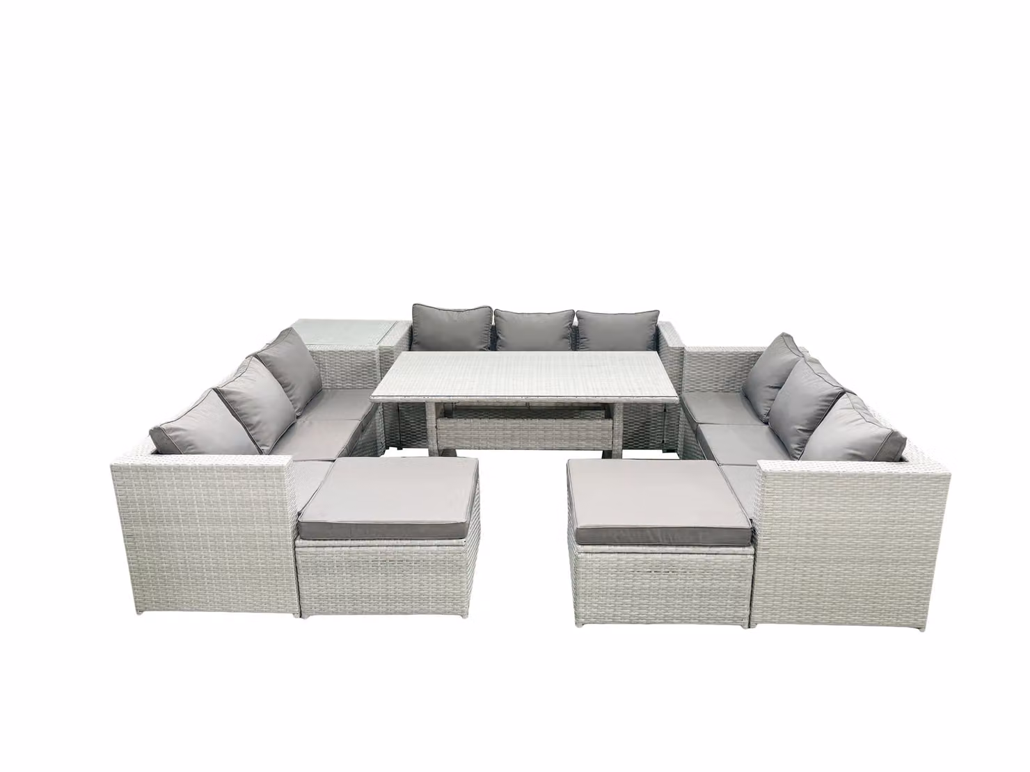Fimous 11 Seater Rattan Garden Furniture Set with Rectangular Dining Table, 2 Large Footstools and Side Table in Light Grey – 2