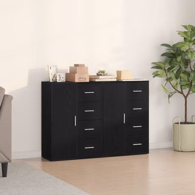 Berkfield Home Set of 2 Modern Black Oak Wood Sideboards with Metal Handles – 1