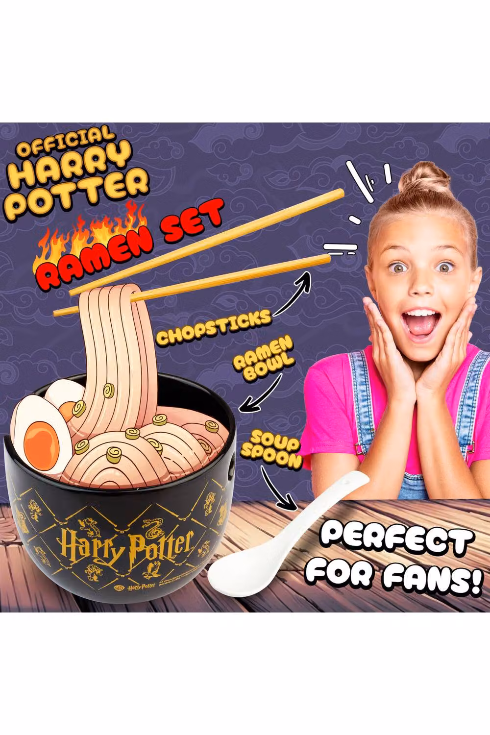 Get Trend Harry Potter Ramen Bowl Set, 600ml Black Ceramic Bowl with Spoon and Bamboo Chopsticks – 2