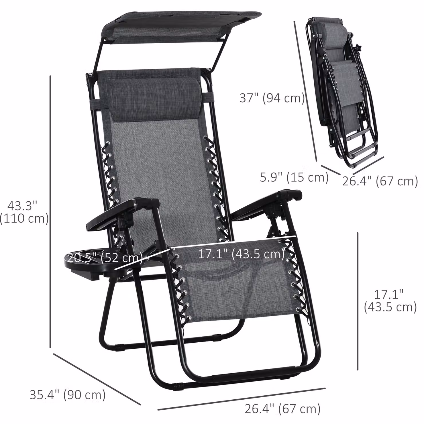 Outsunny Zero Gravity Garden Deck Folding Chair Sun Lounger with Canopy, Cup Holder and Adjustable Headrest, Grey – 3