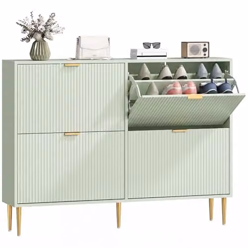 HOMCOM Modern Slim Shoe Storage Cabinet with 4 Tilting Compartments and Internal Shelves, Green and Gold, H 105 x W 91.5 x D 24 cm