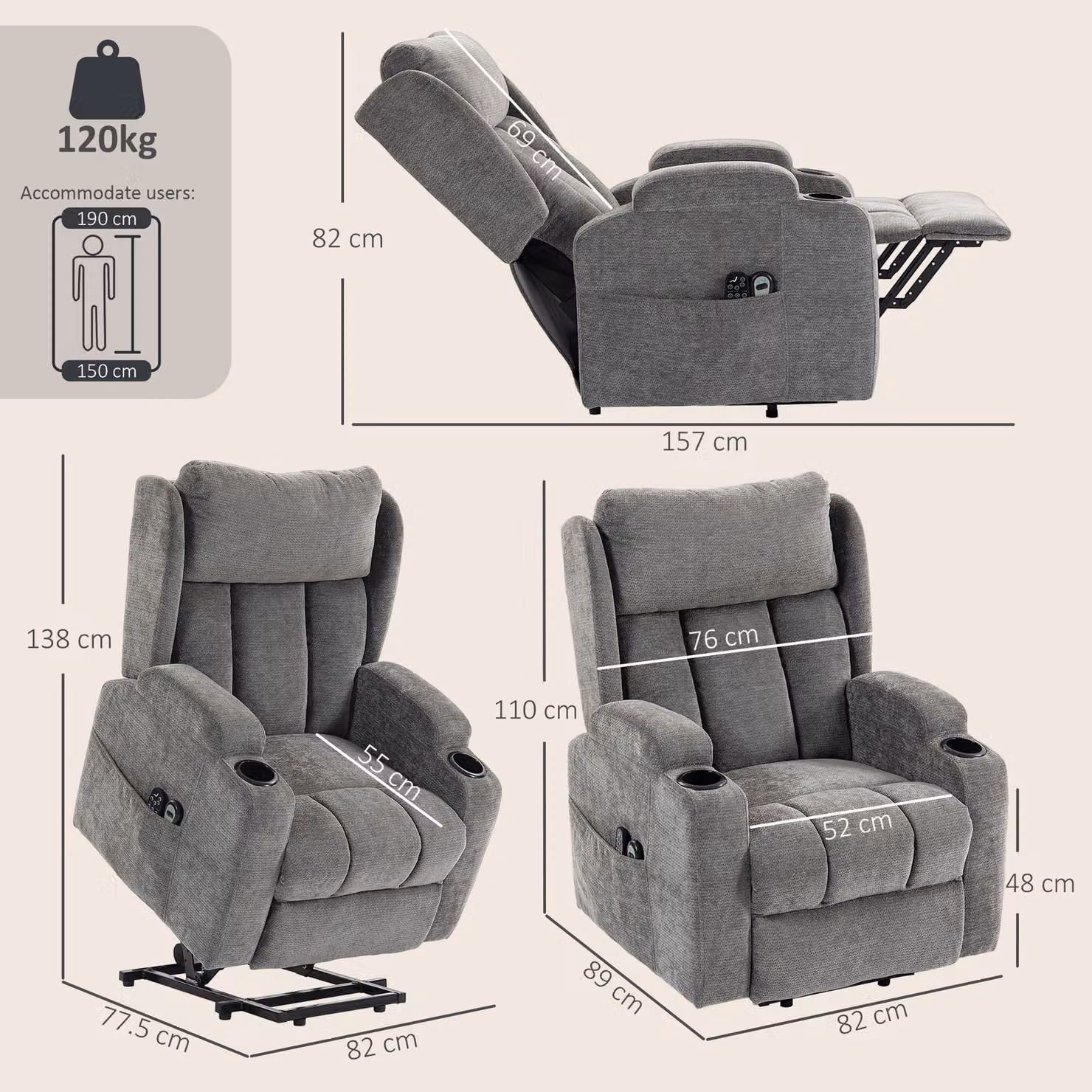 HOMCOM Grey Chenille Power Lift Recliner Chair with Vibration Massage and Heat for Seniors – 3