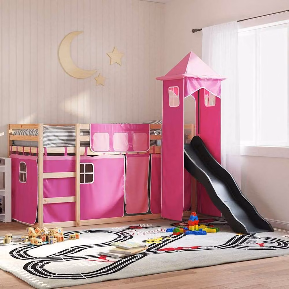 Berkfield Home Elegant Pink Bunk Bed with Slide and Curtains, Solid Pine Wood, W/D/H: 80 x 200 cm – 2