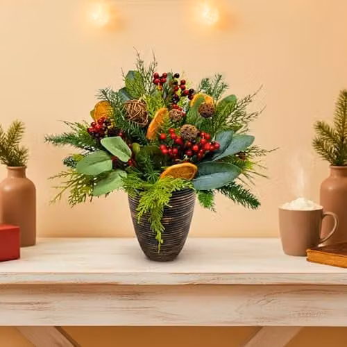Shatchi Christmas Tree Topiary with Red Berries, Orange Slices, Eucalyptus and Rattan Balls, Green and Red Tabletop Decoration, Height: 40.64 cm – 2