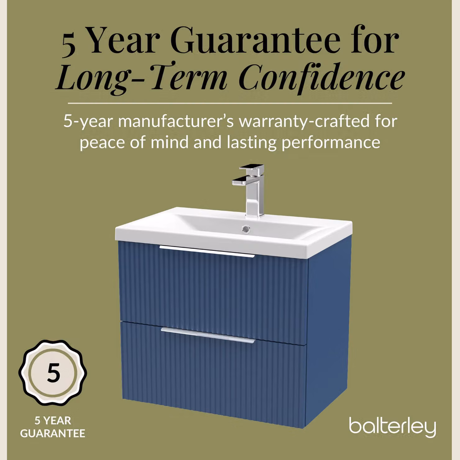 Balterley Fluted Wall Hung 2 Drawer Vanity Basin Unit and Basin, Satin Blue, Width: 600 mm – 4