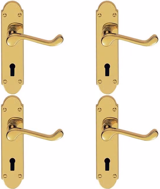 Loops 4x Pair Victorian Upturned Handle on Lock Backplate in Polished Brass, W: 170 mm, H: 42 mm