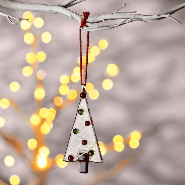 Sienna Glass Handmade Abstract Fused Glass Hanging Christmas Tree Ornament in Red and Green