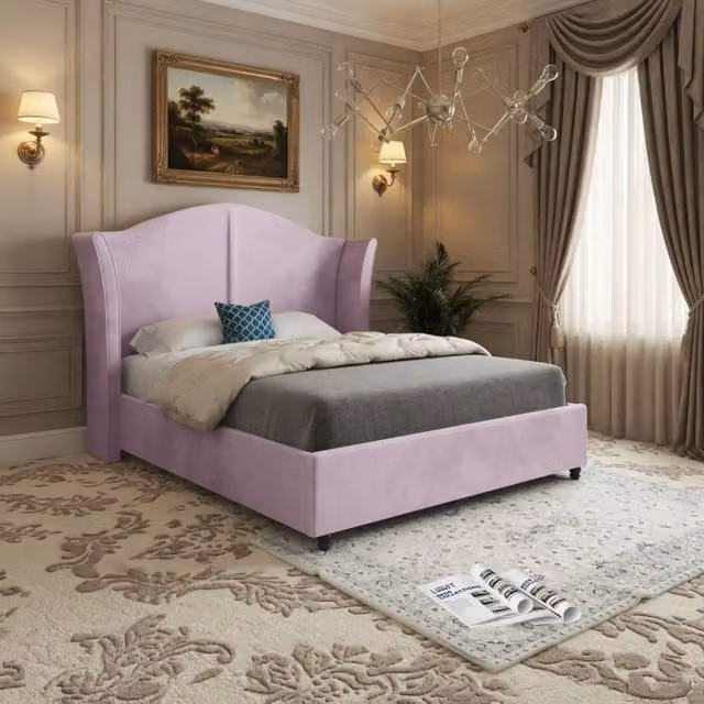 KDMD Wiggonholt Single Curved Winged Upholstered Bed Frame in Pink Soft Velvet – 1