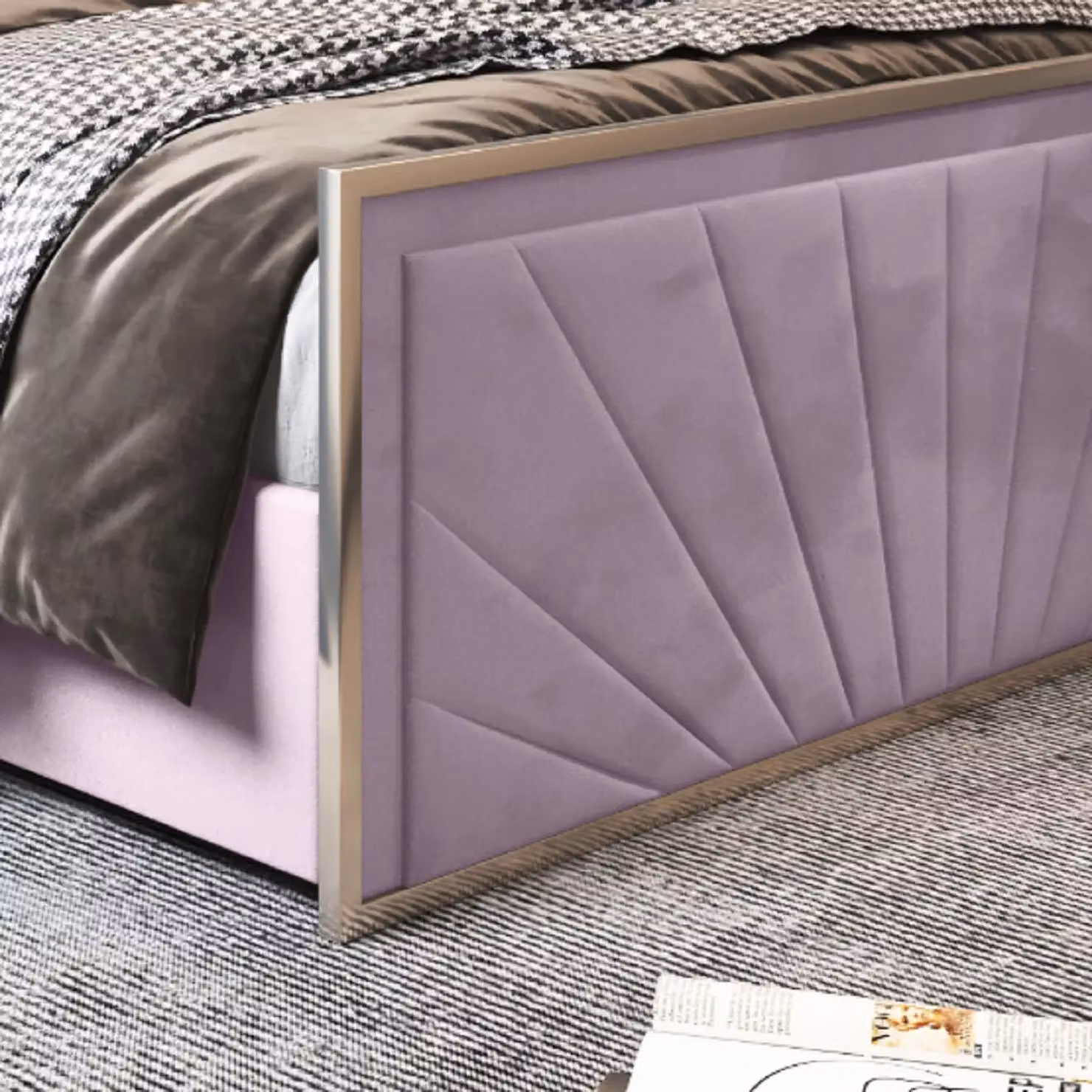 Casani Pink Velvet Upholstered Metal Designer Bed Frame, W/D/H: 140 x 200 cm – 4