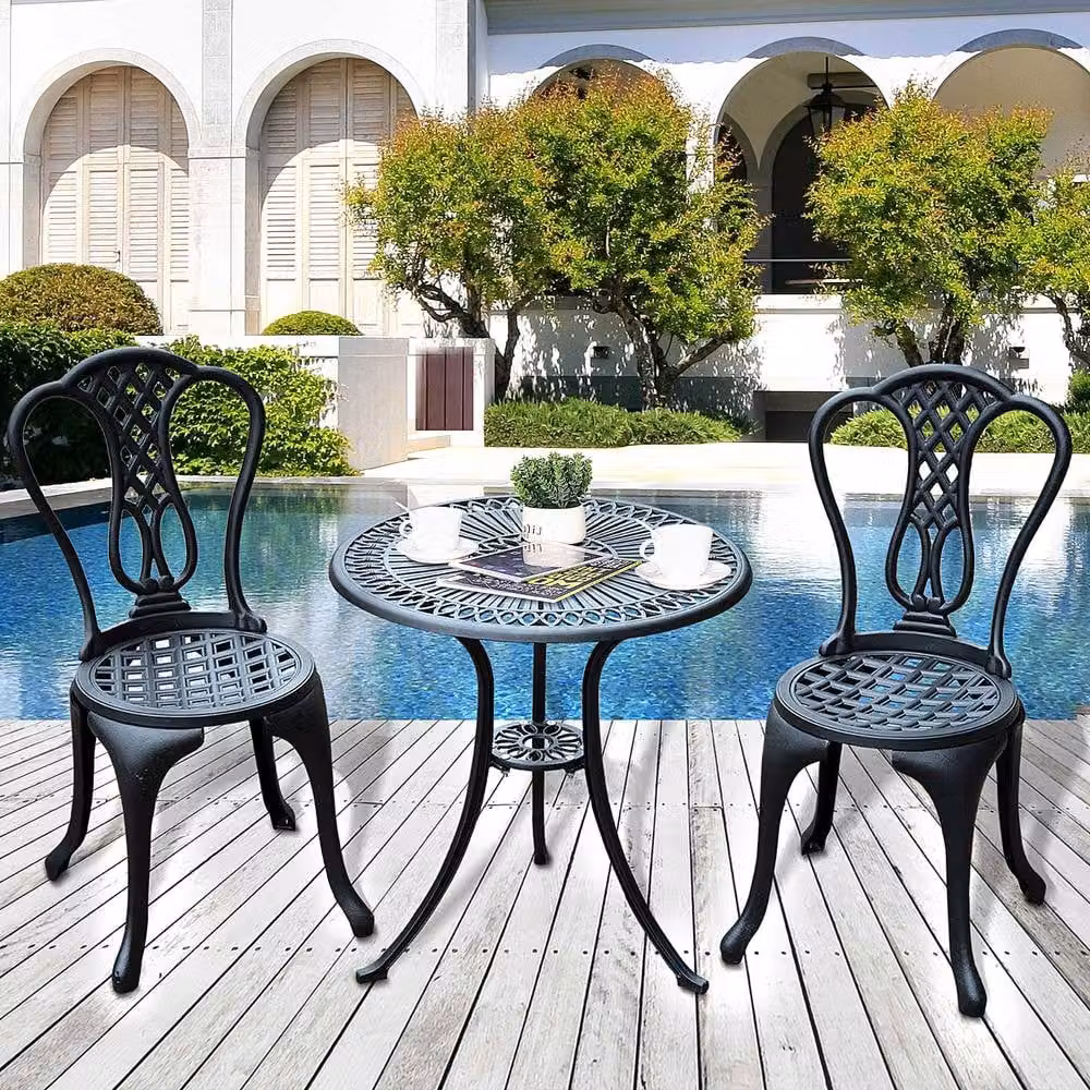 Outsunny 3 Piece Cast Aluminium Bistro Set in Black Shabby Chic Style – 10
