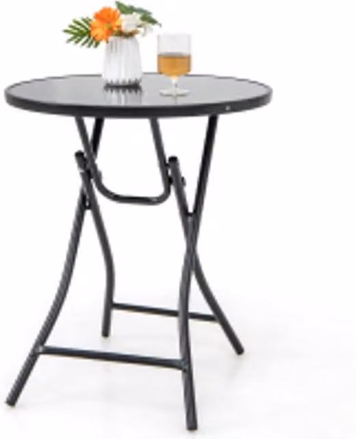Costway Folding Round Patio Bistro Table with Black Tempered Glass Toptop – 1