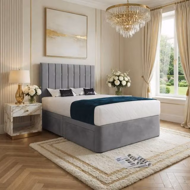 KDMD Quatt Modern Upholstered Velvet Designer Bed Frame in Grey, W/D/H: 140 x 200 cm – 1