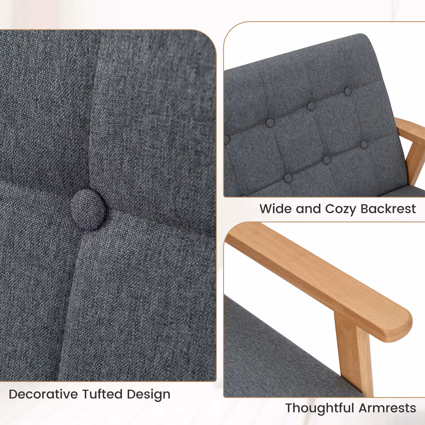 Gymax Grey Linen 2-Seater Loveseat Sofa with Tufted Design and Solid Wood Frame – 4