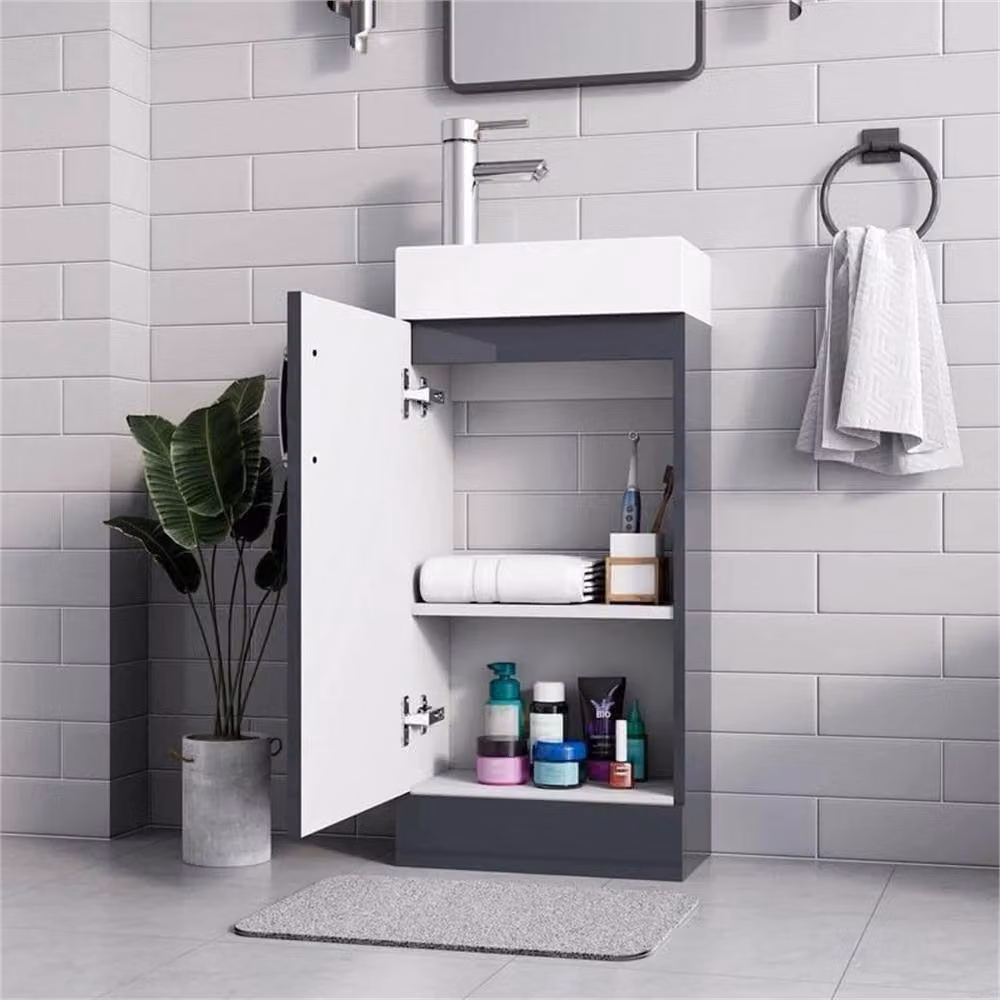 FORGEVIO Newyork Grey Glossy Freestanding Bathroom Vanity Unit with Hinged Doors and Internal Shelves – 2