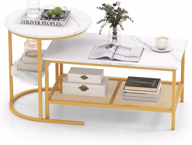 Costway Modern Detachable Nesting Coffee Table with White Marble Tops and Metal Legs