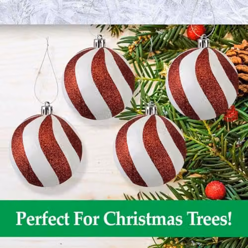 VFM Red and White Striped Candy Cane Baubles, 4 Pack, Diameter: 8 cm – 4