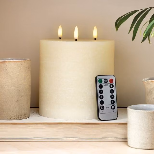 Christow White 3 Wick Flameless LED Pillar Candle with Remote Control, Timer and Flicker Effect
